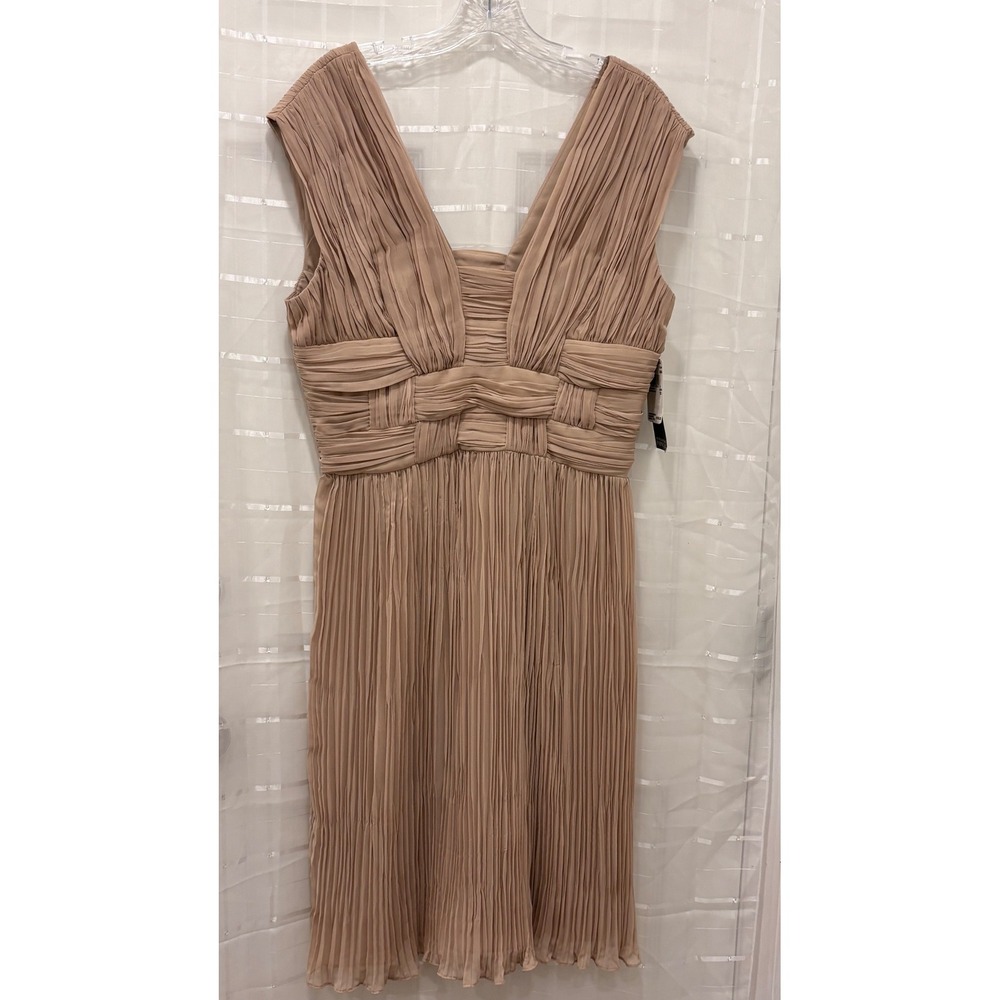 Adrianna Papell Sand Tan Pleated V-Neck Cocktail Dress 012184720‎ Size 12 NEW